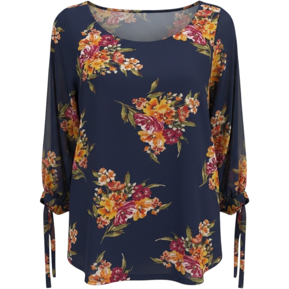 Papermoon Floral Blouse Womens 1X Navy Blue Tie Sleeve Scoop Neck CTX4417-3